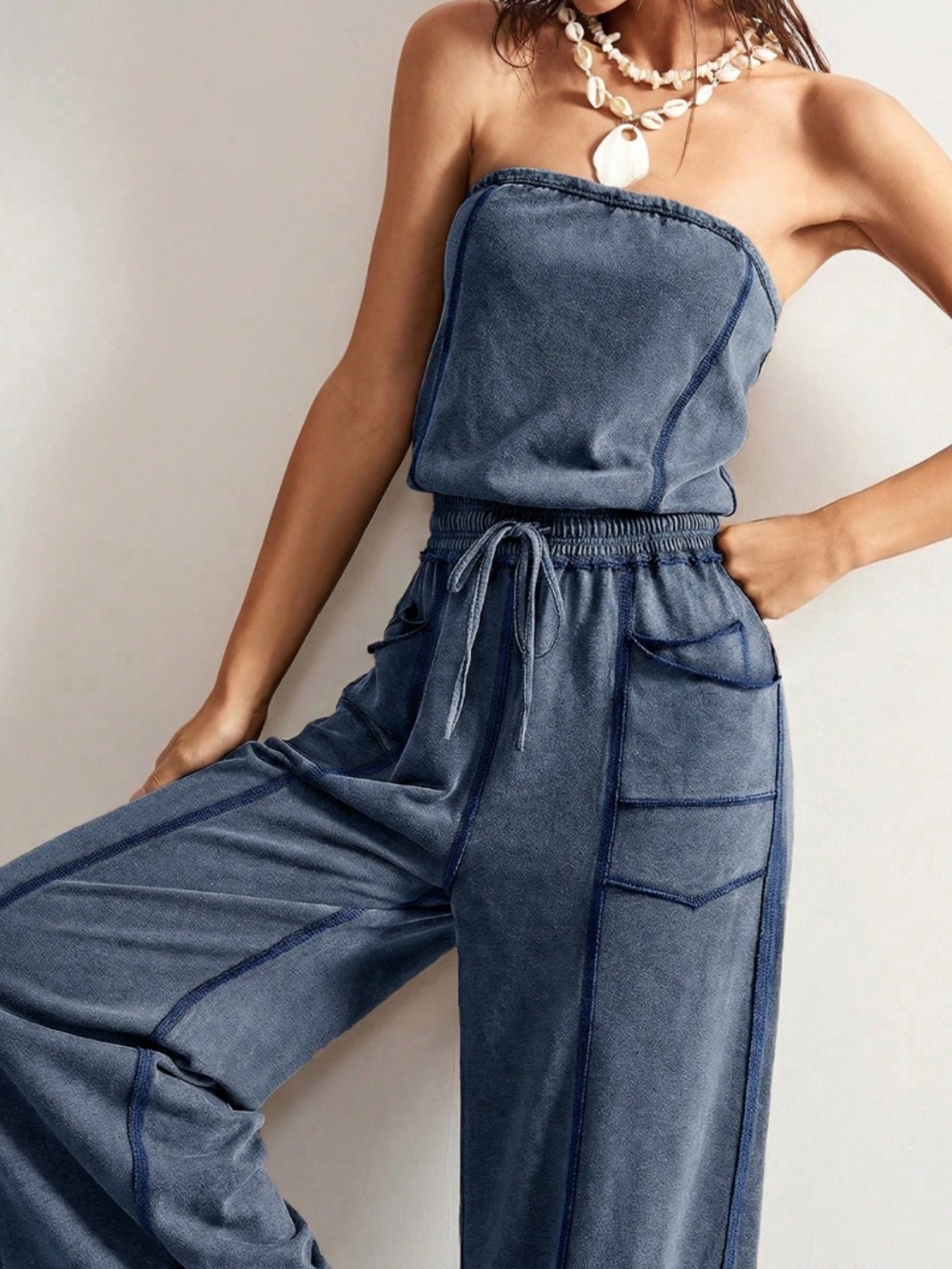Cotton Blend Strapless Blue Boho Wide Leg Jumpsuit with Pockets